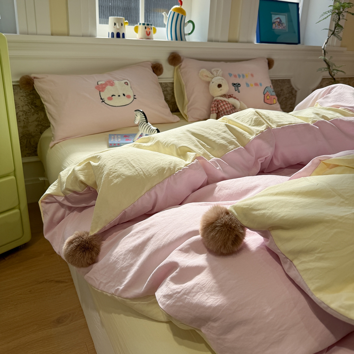 91家纺网 家纺一手货源 找家纺 盼季家纺 2026新款水洗棉毛巾绣毛球四件套 毛巾绣-芝士猫咪酱