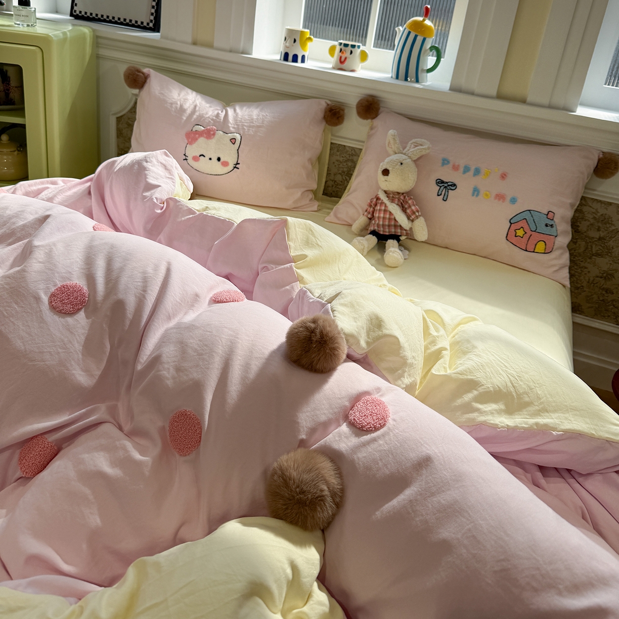 91家纺网 家纺一手货源 找家纺 盼季家纺 2026新款水洗棉毛巾绣毛球四件套 毛巾绣-芝士猫咪酱