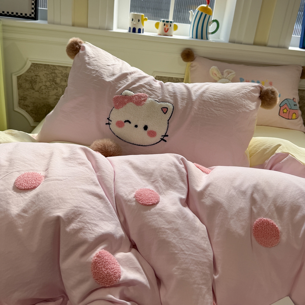 91家纺网 家纺一手货源 找家纺 盼季家纺 2026新款水洗棉毛巾绣毛球四件套 毛巾绣-芝士猫咪酱