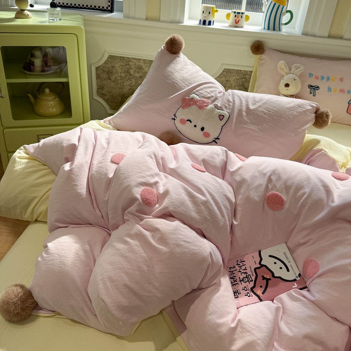 91家纺网 家纺一手货源 找家纺 盼季家纺 2026新款水洗棉毛巾绣毛球四件套 毛巾绣-芝士猫咪酱