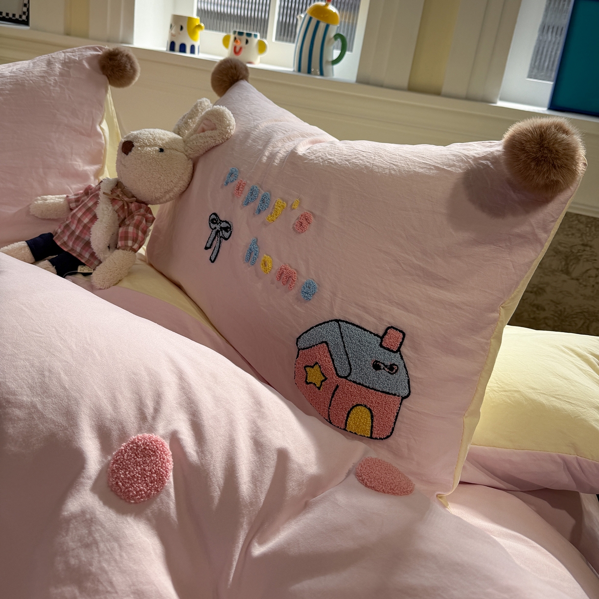 91家纺网 家纺一手货源 找家纺 盼季家纺 2026新款水洗棉毛巾绣毛球四件套 毛巾绣-芝士猫咪酱