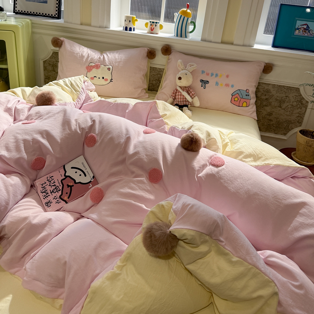 盼季家纺 2026新款水洗棉毛巾绣毛球四件套 毛巾绣-芝士猫咪酱