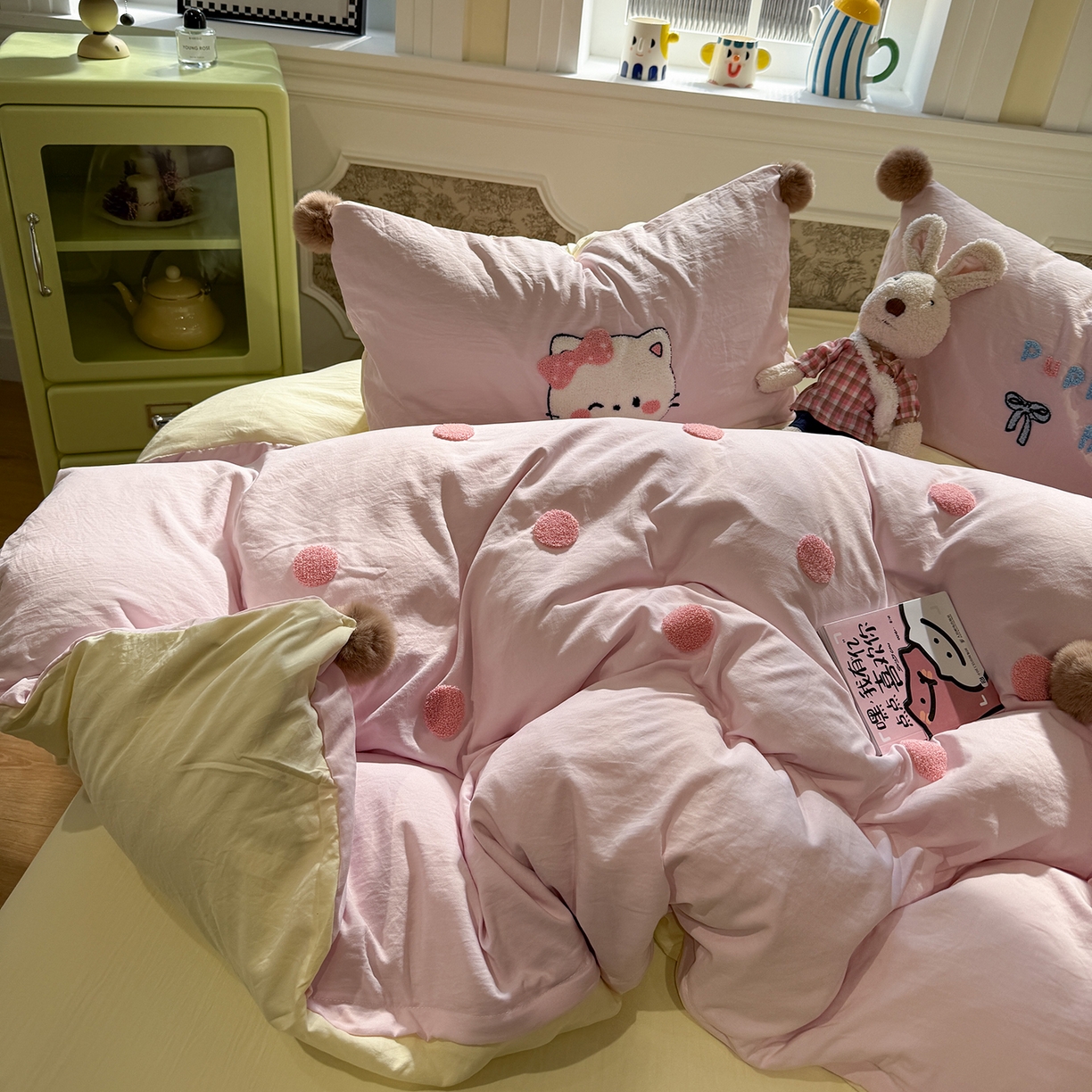 91家纺网 家纺一手货源 找家纺 盼季家纺 2026新款水洗棉毛巾绣毛球四件套 毛巾绣-芝士猫咪酱