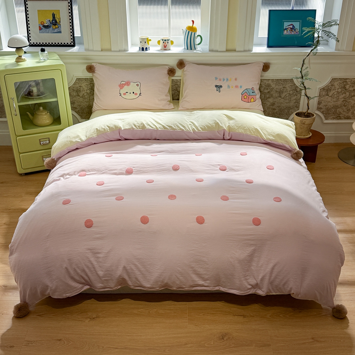 91家纺网 家纺一手货源 找家纺 盼季家纺 2026新款水洗棉毛巾绣毛球四件套 毛巾绣-芝士猫咪酱