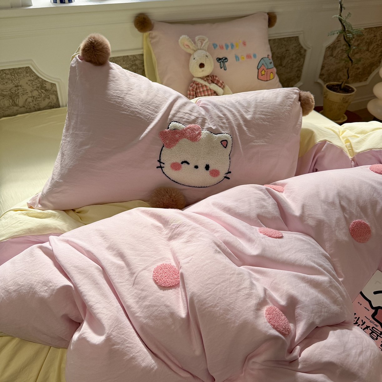 91家纺网 家纺一手货源 找家纺 盼季家纺 2026新款水洗棉毛巾绣毛球四件套 毛巾绣-芝士猫咪酱