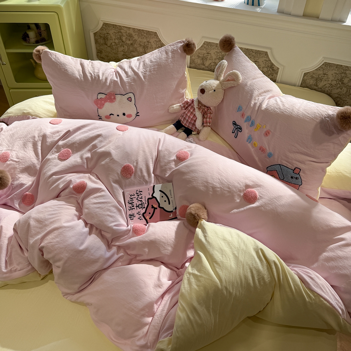 91家纺网 家纺一手货源 找家纺 盼季家纺 2026新款水洗棉毛巾绣毛球四件套 毛巾绣-芝士猫咪酱