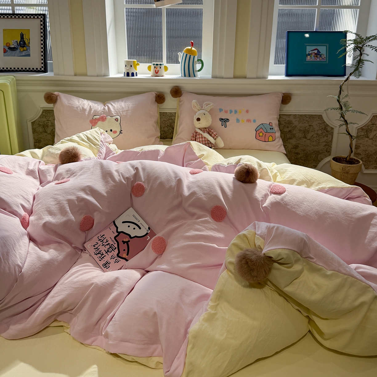 91家纺网 家纺一手货源 找家纺 盼季家纺 2026新款水洗棉毛巾绣毛球四件套 毛巾绣-芝士猫咪酱