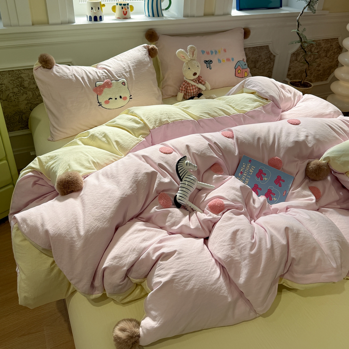 91家纺网 家纺一手货源 找家纺 盼季家纺 2026新款水洗棉毛巾绣毛球四件套 毛巾绣-芝士猫咪酱