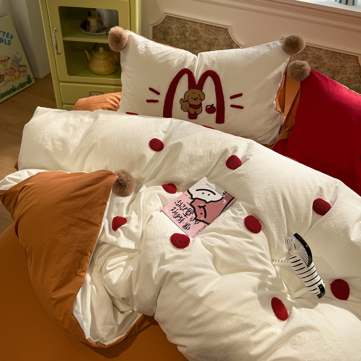 91家纺网 家纺一手货源 找家纺 盼季家纺 2026新款水洗棉毛巾绣毛球四件套 毛巾绣-麦小劳