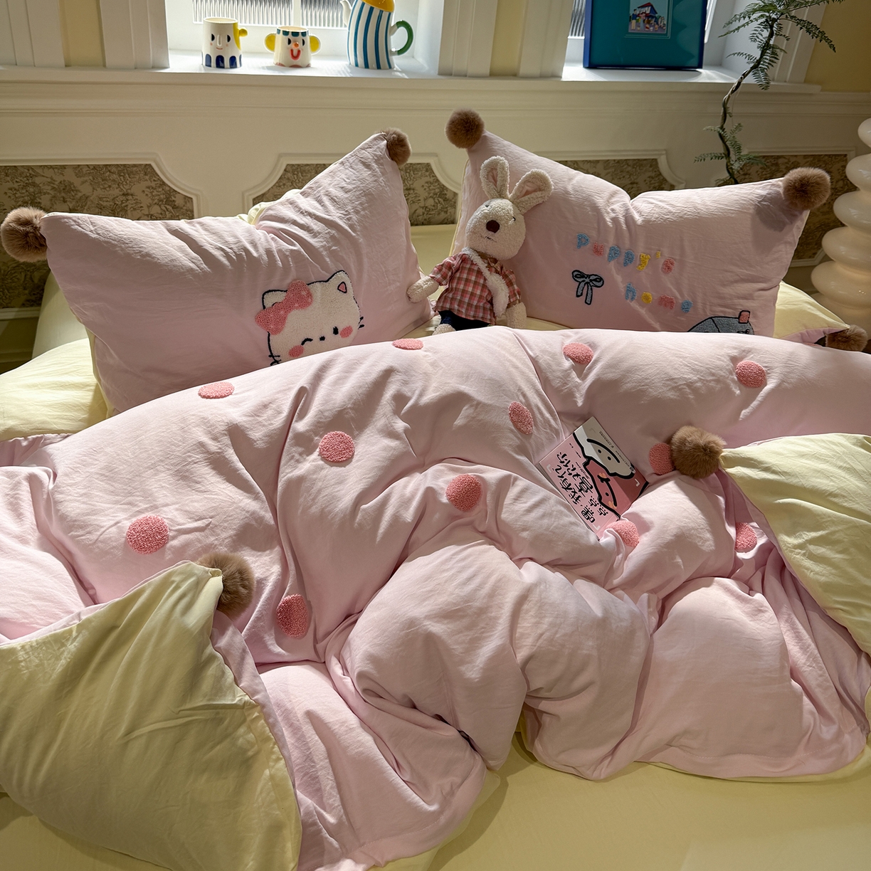 91家纺网 家纺一手货源 找家纺 盼季家纺 2026新款水洗棉毛巾绣毛球四件套 毛巾绣-芝士猫咪酱