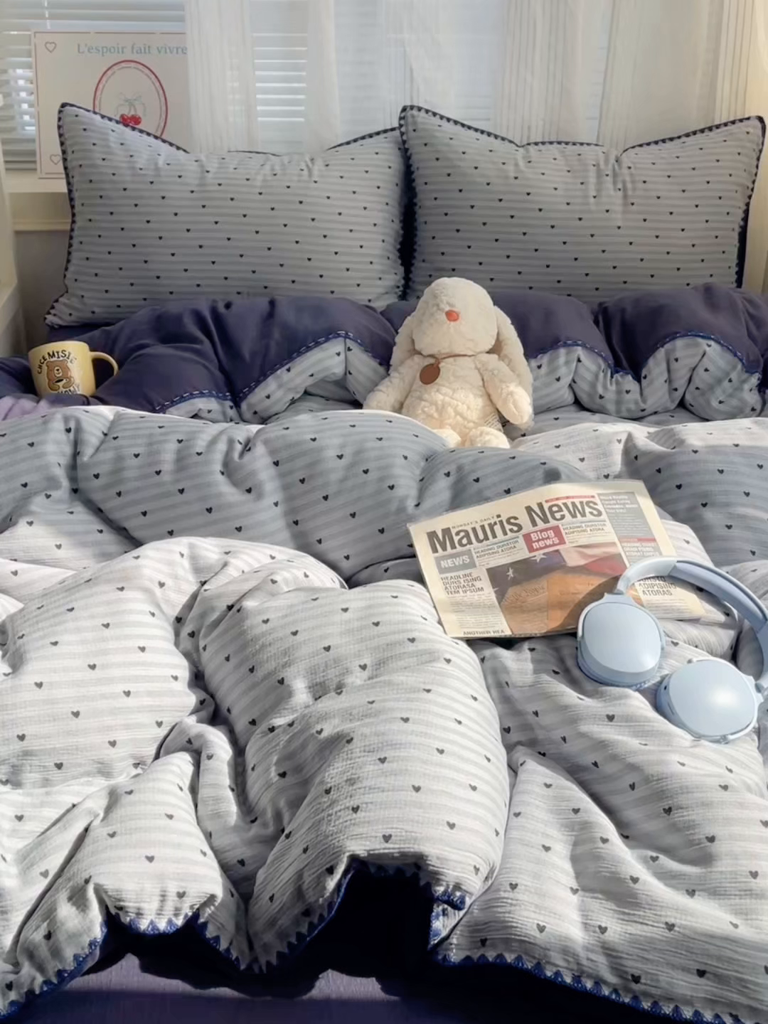 91家纺网 家纺一手货源 找家纺 顾里家纺 2026春夏新款ins韩风印花贝壳针双层纱四件套 蓝条爱心