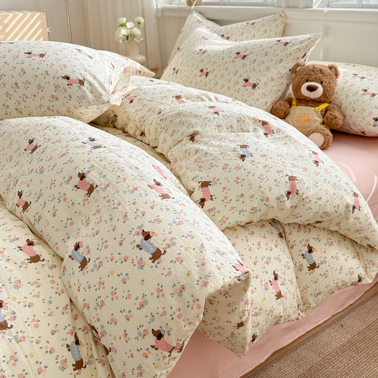 多品家纺 2026新款奶呼呼超柔云感双层纱系列单被套 花田小狗