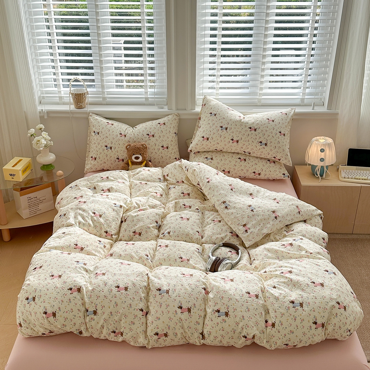 91家纺网 家纺一手货源 找家纺 多品家纺 2026新款奶呼呼超柔云感双层纱系列单被套 花田小狗