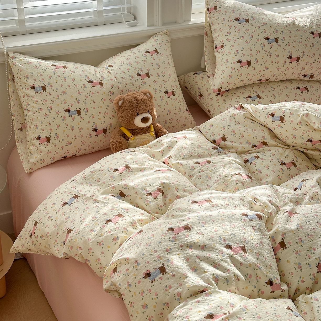 91家纺网 家纺一手货源 找家纺 多品家纺 2026新款奶呼呼超柔云感双层纱系列单被套 花田小狗