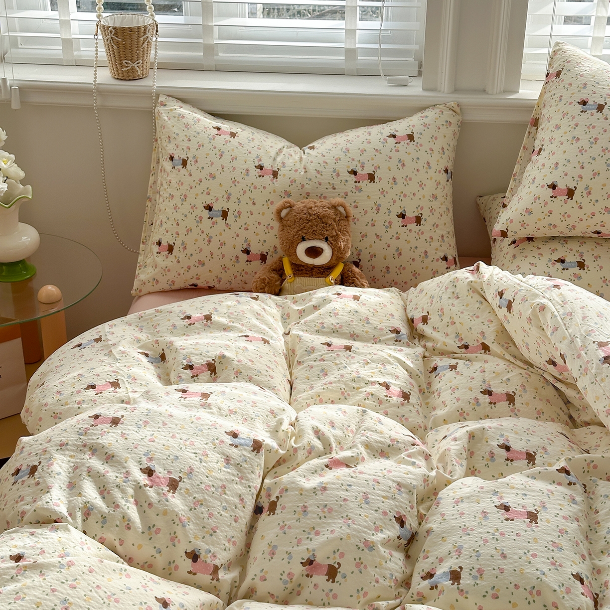 91家纺网 家纺一手货源 找家纺 多品家纺 2026新款奶呼呼超柔云感双层纱系列单被套 花田小狗