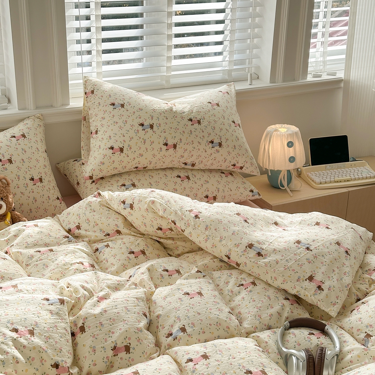 91家纺网 家纺一手货源 找家纺 多品家纺 2026新款奶呼呼超柔云感双层纱系列单被套 花田小狗