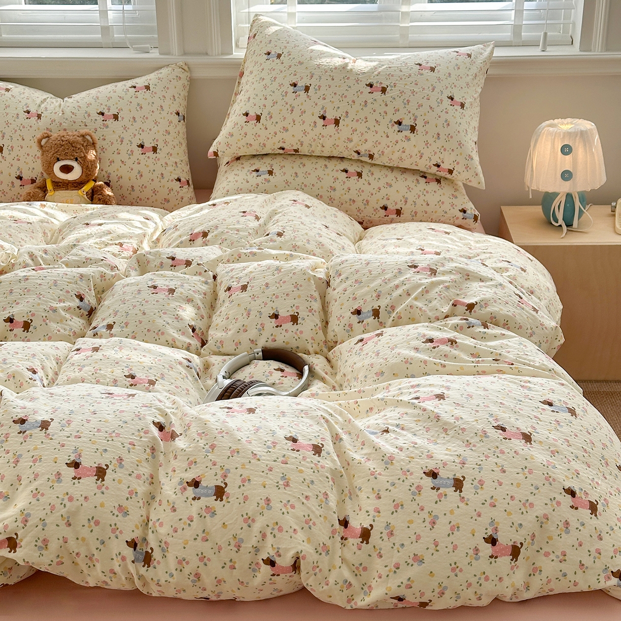 91家纺网 家纺一手货源 找家纺 多品家纺 2026新款奶呼呼超柔云感双层纱系列单被套 花田小狗