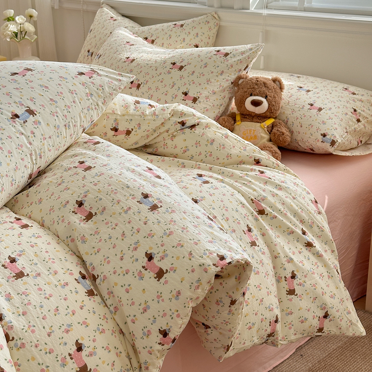 91家纺网 家纺一手货源 找家纺 多品家纺 2026新款奶呼呼超柔云感双层纱系列单被套 花田小狗