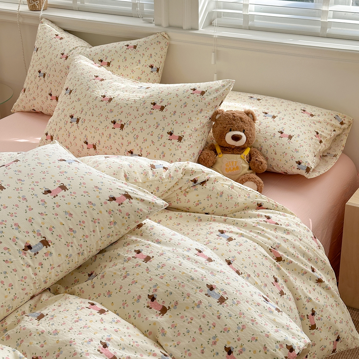 91家纺网 家纺一手货源 找家纺 多品家纺 2026新款奶呼呼超柔云感双层纱系列单被套 花田小狗