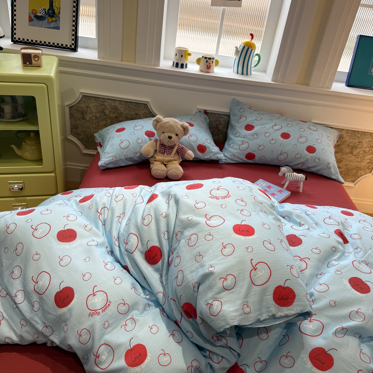 91家纺网 家纺一手货源 找家纺 塞纳 2026新款.全棉有氧双层纱四件套-场景一 海盐苹果派