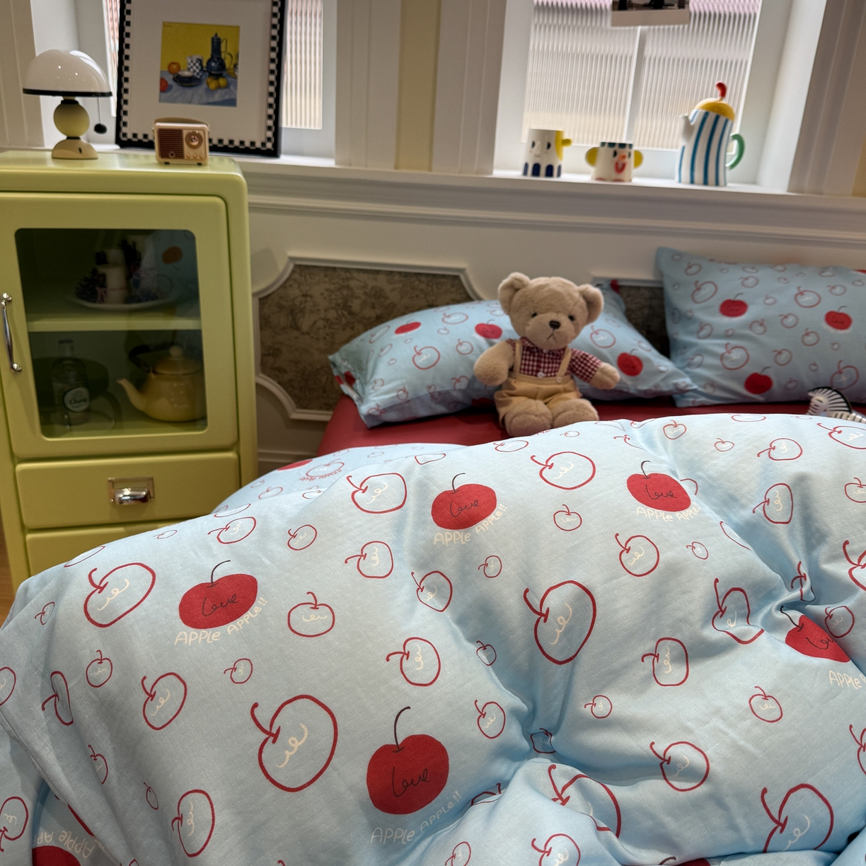 91家纺网 家纺一手货源 找家纺 塞纳 2026新款.全棉有氧双层纱四件套-场景一 海盐苹果派