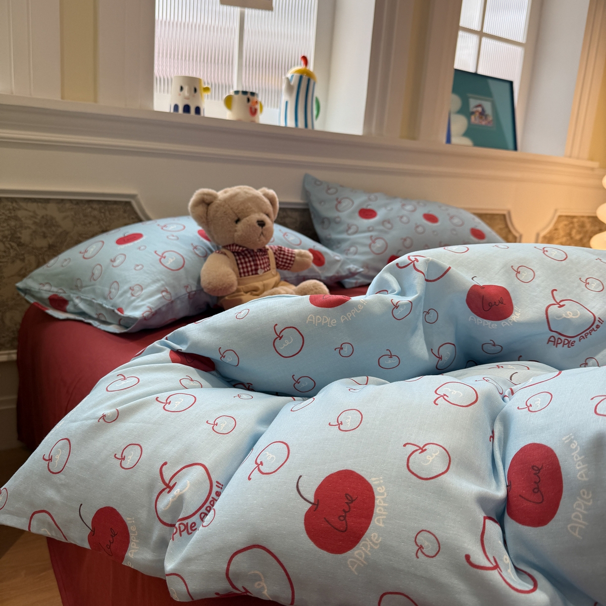 91家纺网 家纺一手货源 找家纺 塞纳 2026新款.全棉有氧双层纱四件套-场景一 海盐苹果派