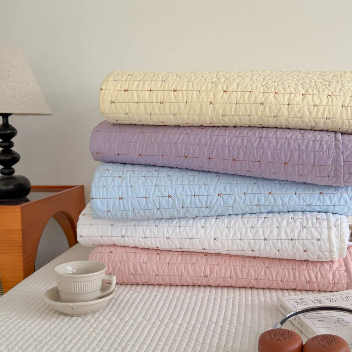 91家纺网 家纺一手货源 找家纺 沐纯家居 2026新款60支全棉纯棉米粒绣纯色床盖三件套 组合图仅供展示-不可下单