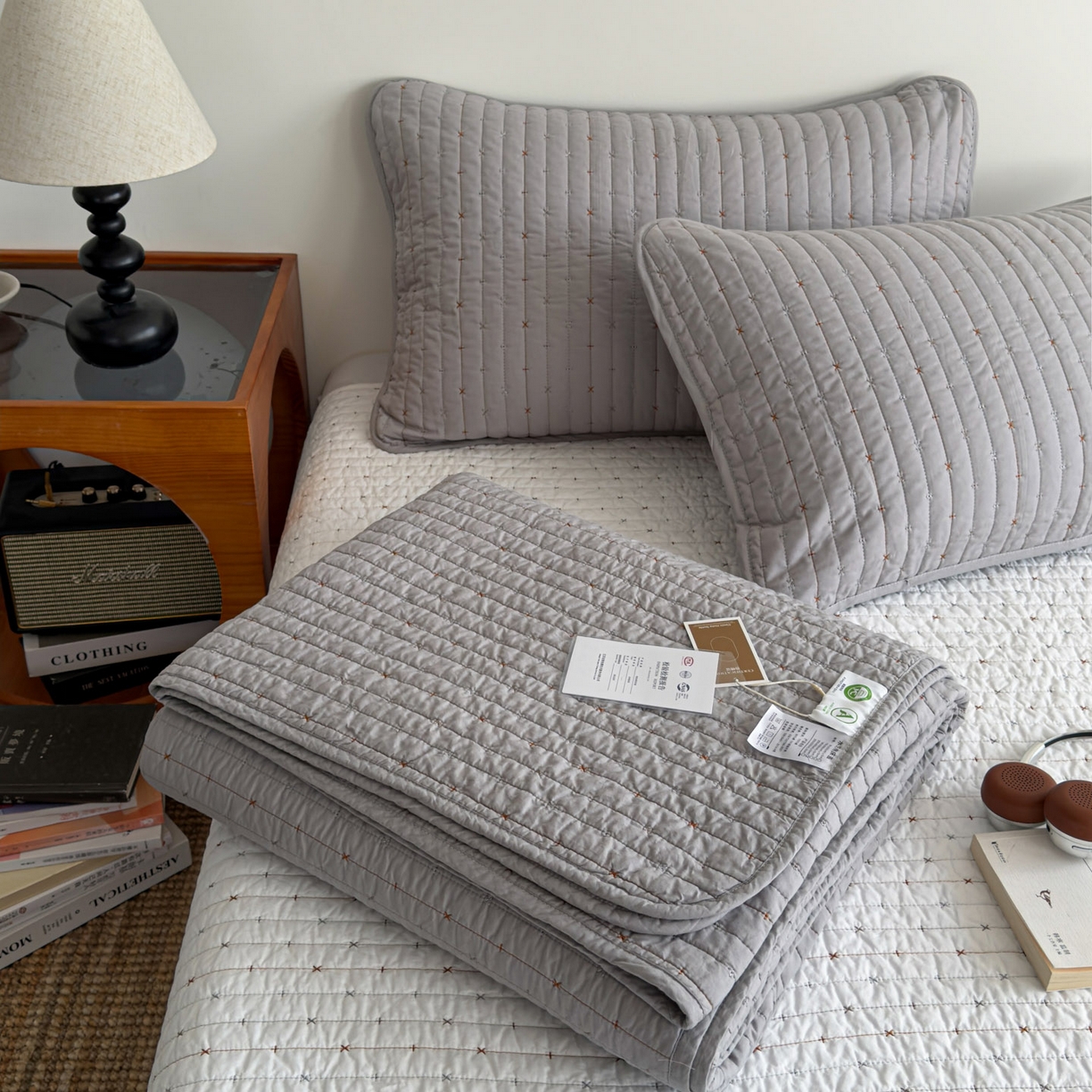 91家纺网 家纺一手货源 找家纺 沐纯家居 2026新款60支全棉纯棉米粒绣纯色床盖三件套 灰色