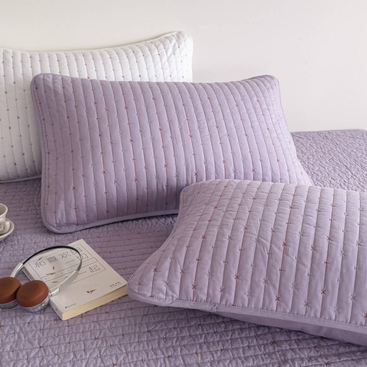 91家纺网 家纺一手货源 找家纺 沐纯家居 2026新款60支全棉纯棉米粒绣纯色床盖三件套 紫色