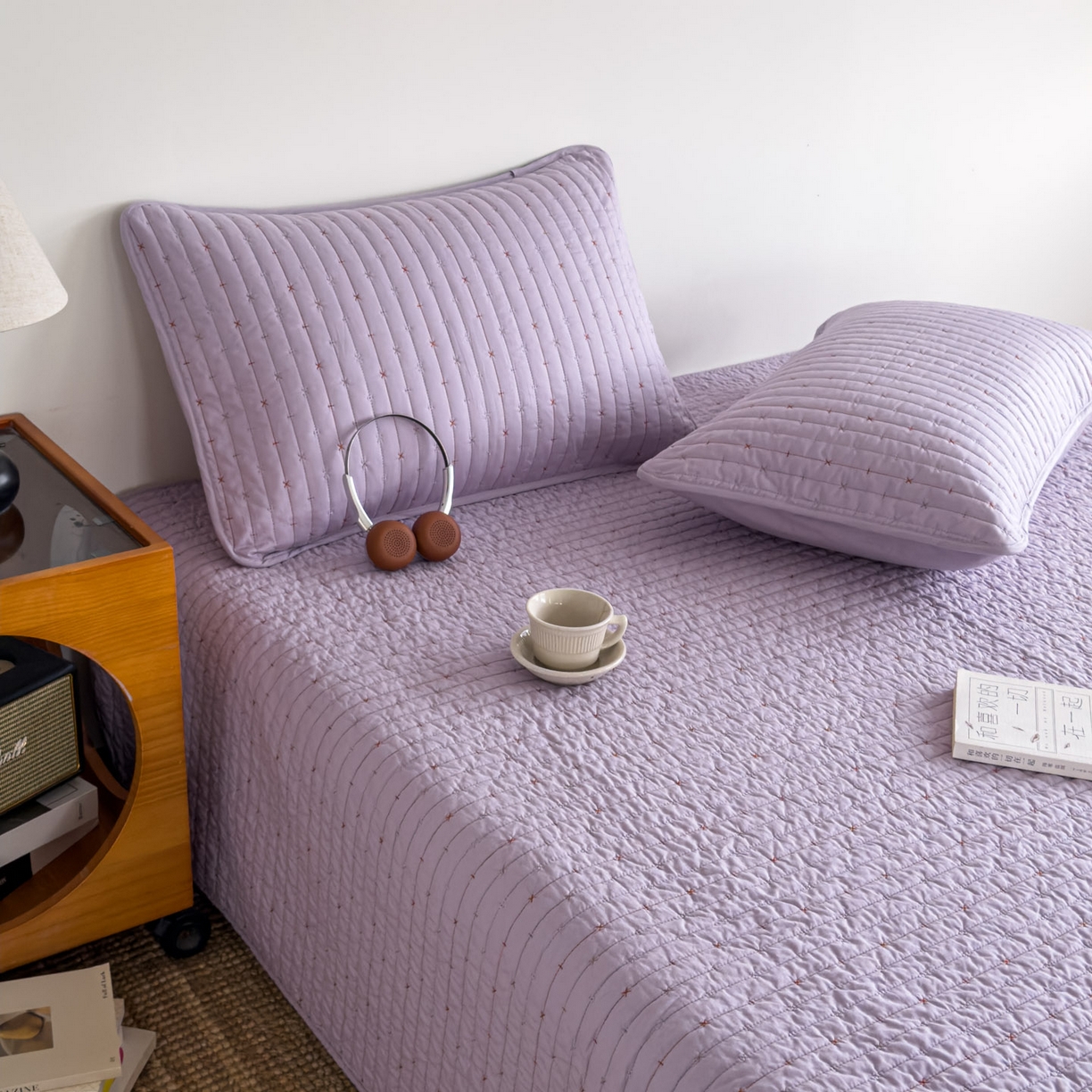 91家纺网 家纺一手货源 找家纺 沐纯家居 2026新款60支全棉纯棉米粒绣纯色床盖三件套 紫色