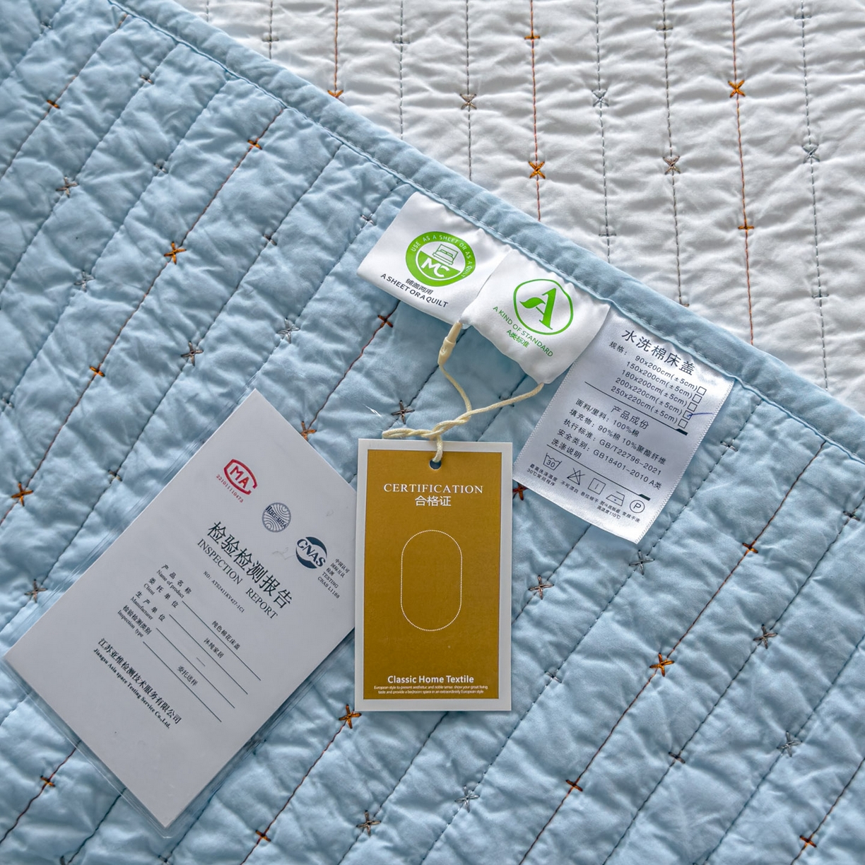 91家纺网 家纺一手货源 找家纺 沐纯家居 2026新款60支全棉纯棉米粒绣纯色床盖三件套 蓝色