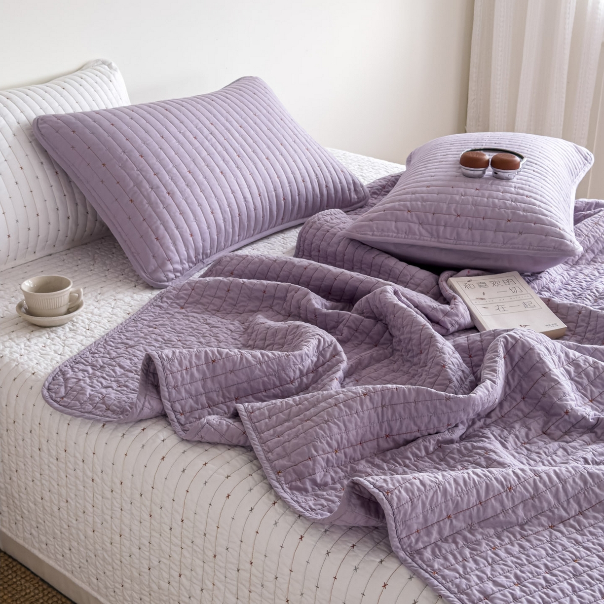 91家纺网 家纺一手货源 找家纺 沐纯家居 2026新款60支全棉纯棉米粒绣纯色床盖三件套 紫色