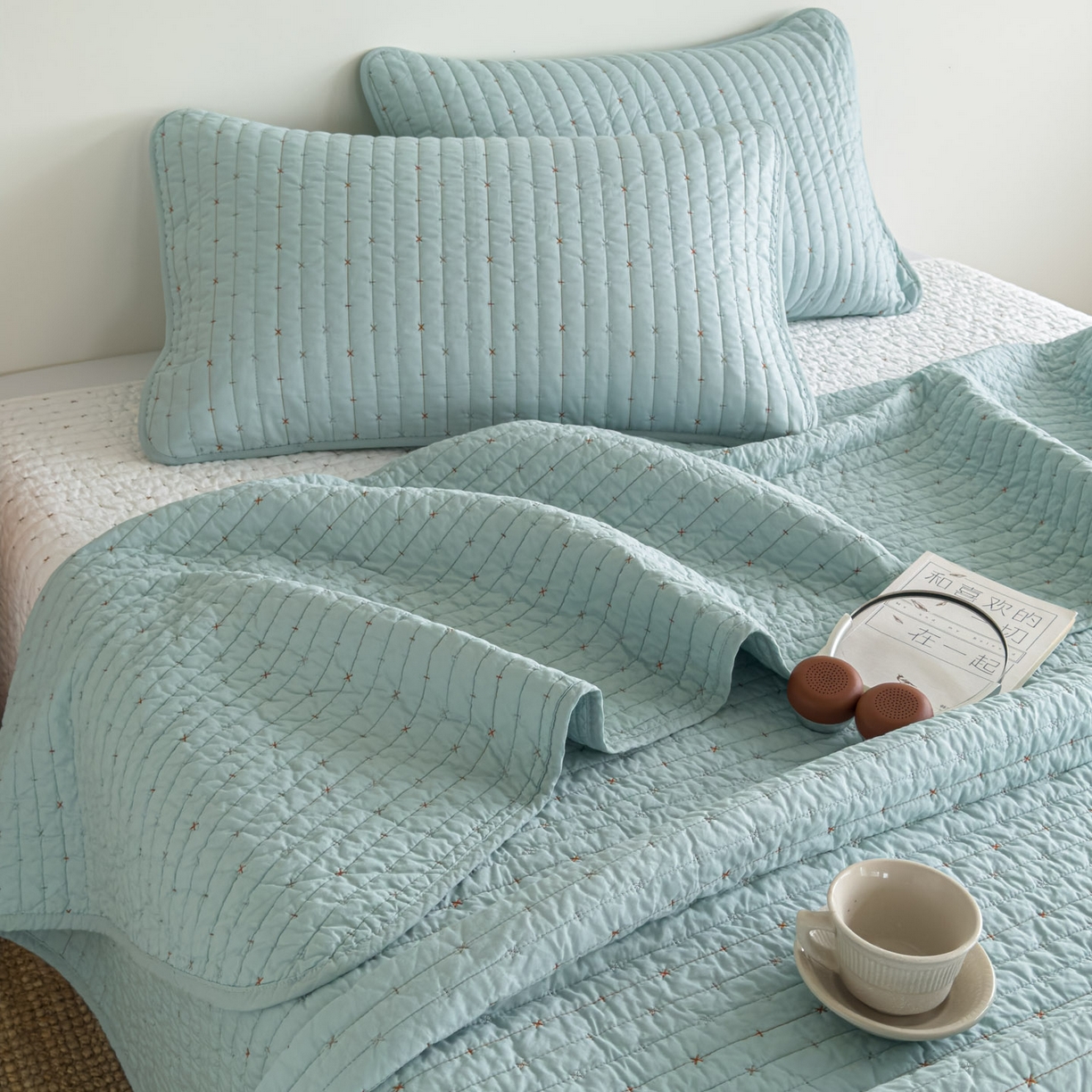 91家纺网 家纺一手货源 找家纺 沐纯家居 2026新款60支全棉纯棉米粒绣纯色床盖三件套 绿色