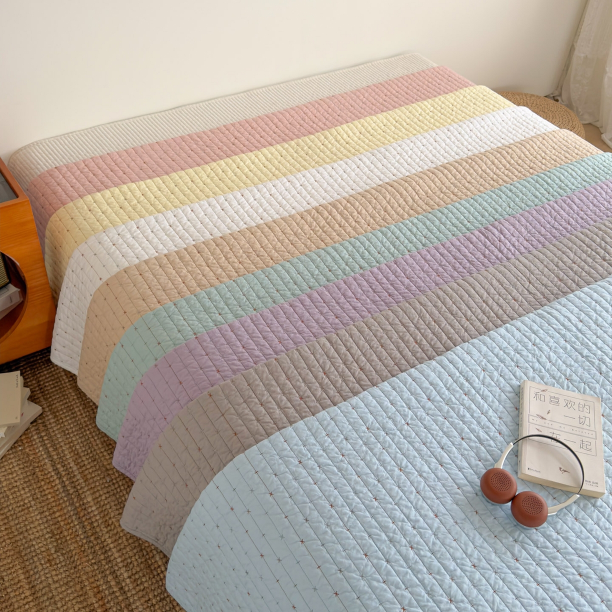 沐纯家居 2026新款60支全棉纯棉米粒绣纯色床盖三件套 组合图仅供展示-不可下单