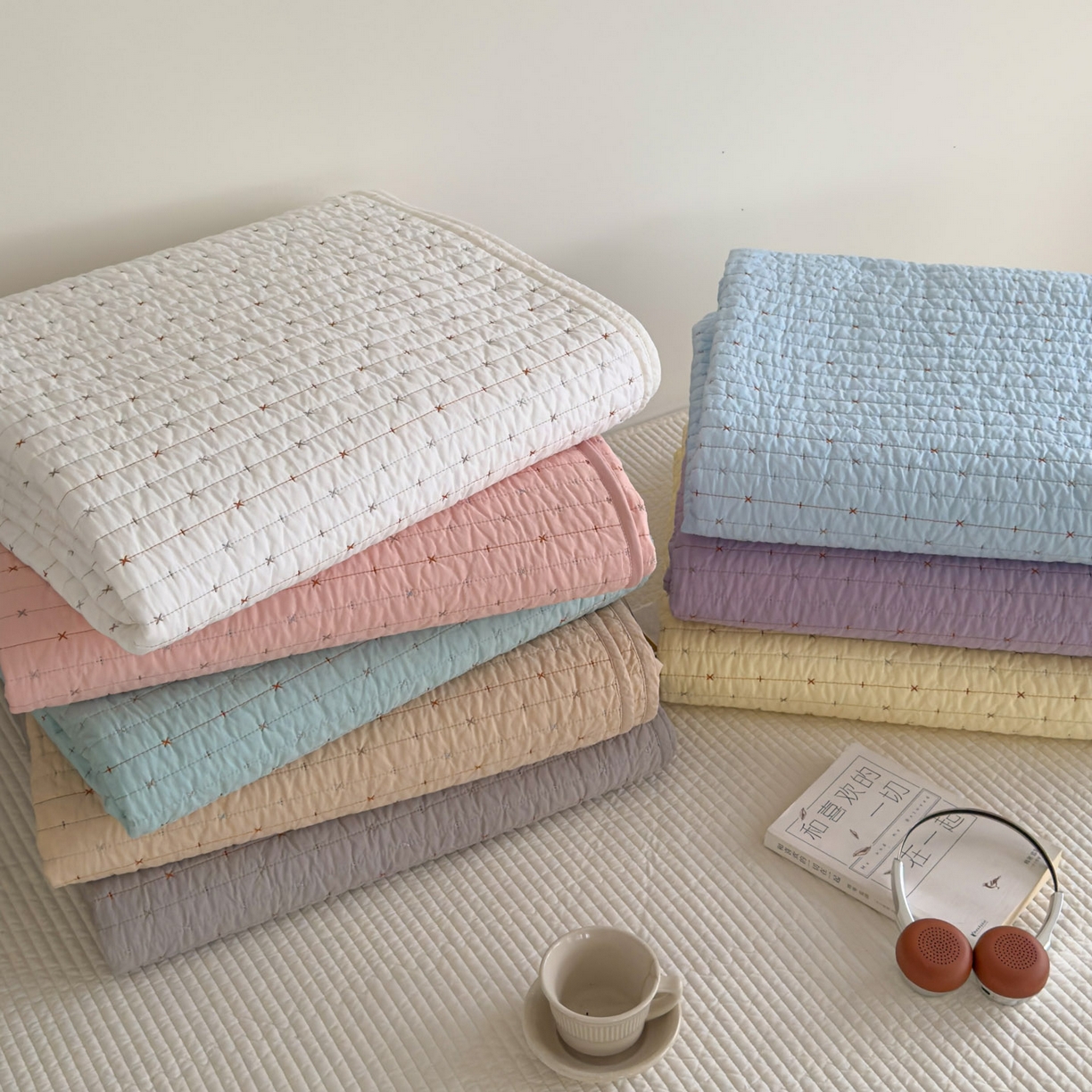 91家纺网 家纺一手货源 找家纺 沐纯家居 2026新款60支全棉纯棉米粒绣纯色床盖三件套 组合图仅供展示-不可下单