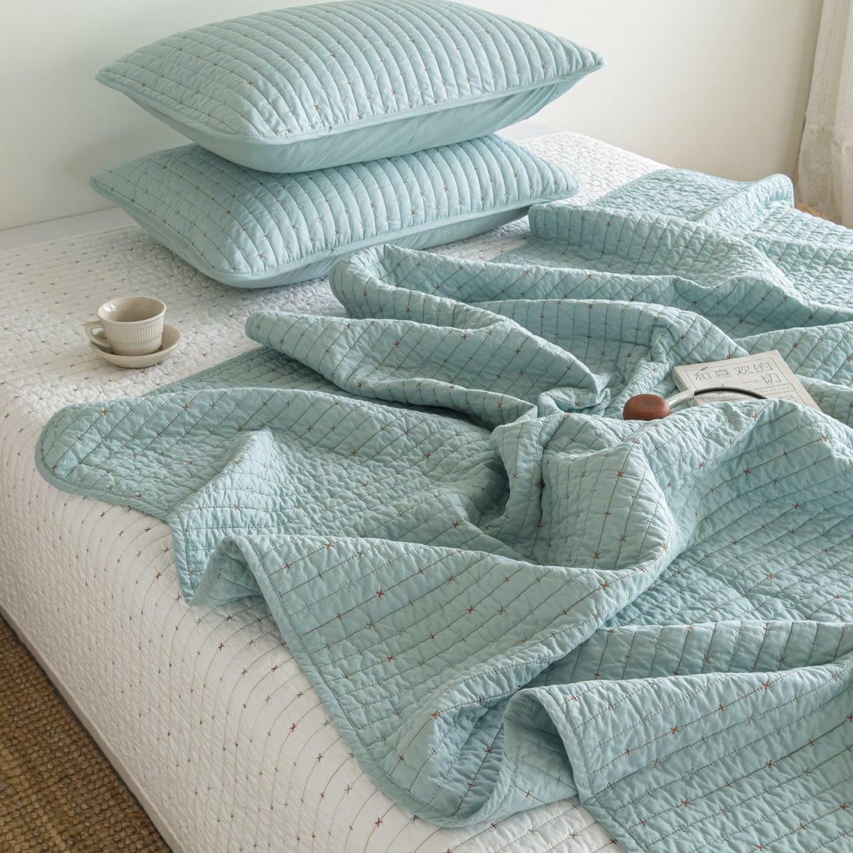 91家纺网 家纺一手货源 找家纺 沐纯家居 2026新款60支全棉纯棉米粒绣纯色床盖三件套 绿色