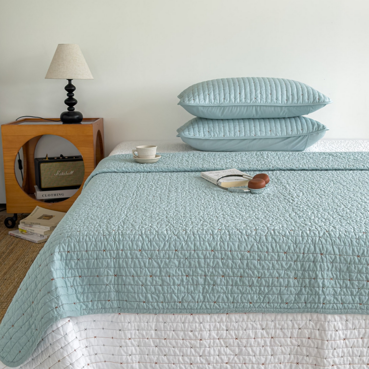 91家纺网 家纺一手货源 找家纺 沐纯家居 2026新款60支全棉纯棉米粒绣纯色床盖三件套 绿色