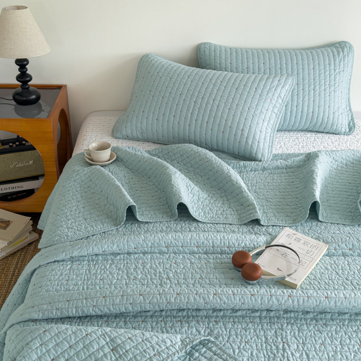 91家纺网 家纺一手货源 找家纺 沐纯家居 2026新款60支全棉纯棉米粒绣纯色床盖三件套 绿色