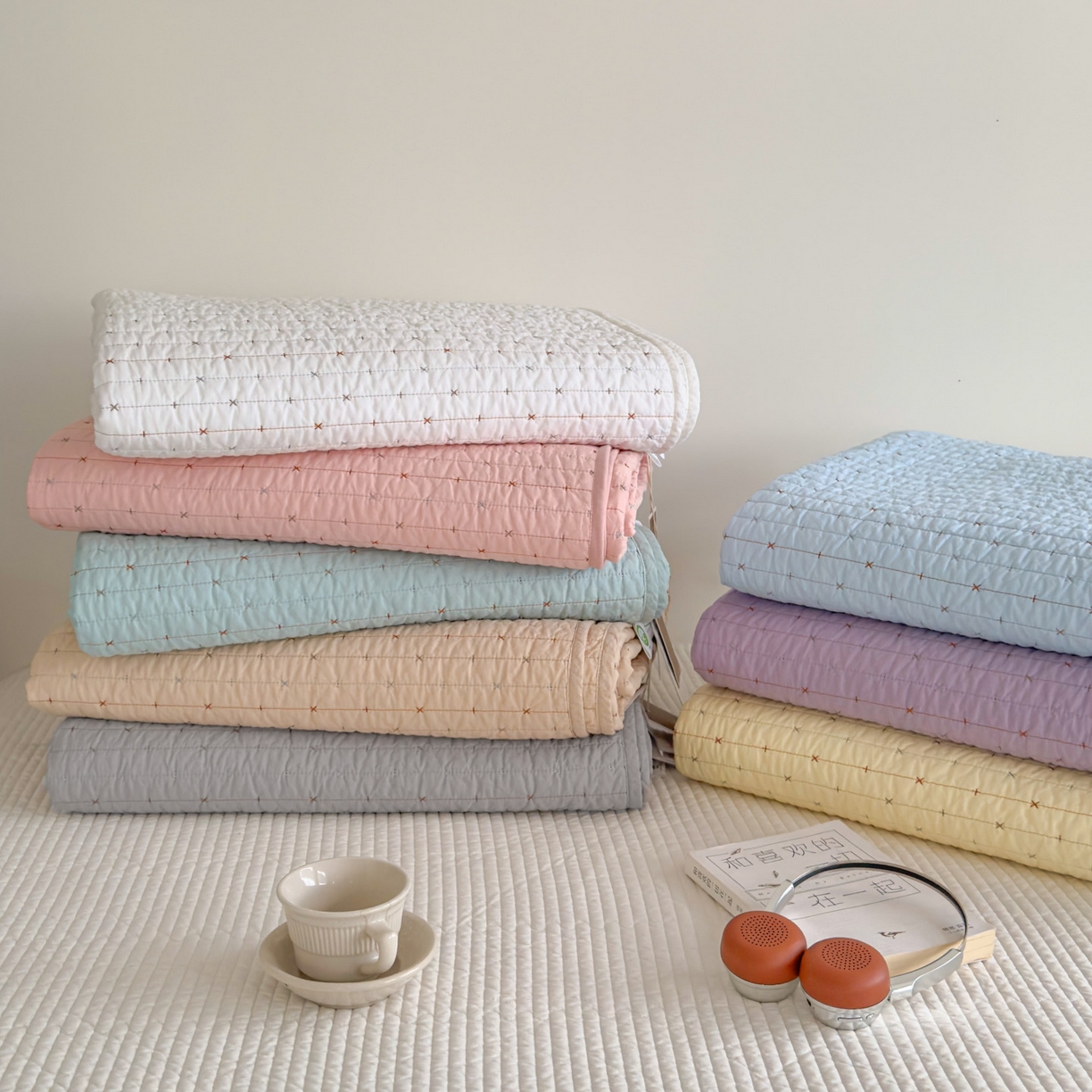 91家纺网 家纺一手货源 找家纺 沐纯家居 2026新款60支全棉纯棉米粒绣纯色床盖三件套 组合图仅供展示-不可下单