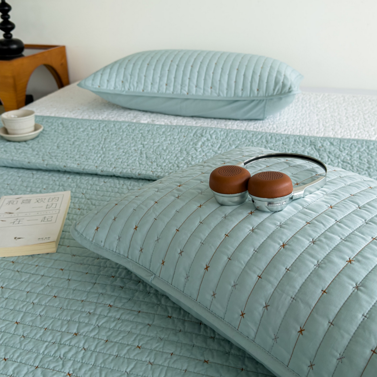 91家纺网 家纺一手货源 找家纺 沐纯家居 2026新款60支全棉纯棉米粒绣纯色床盖三件套 绿色