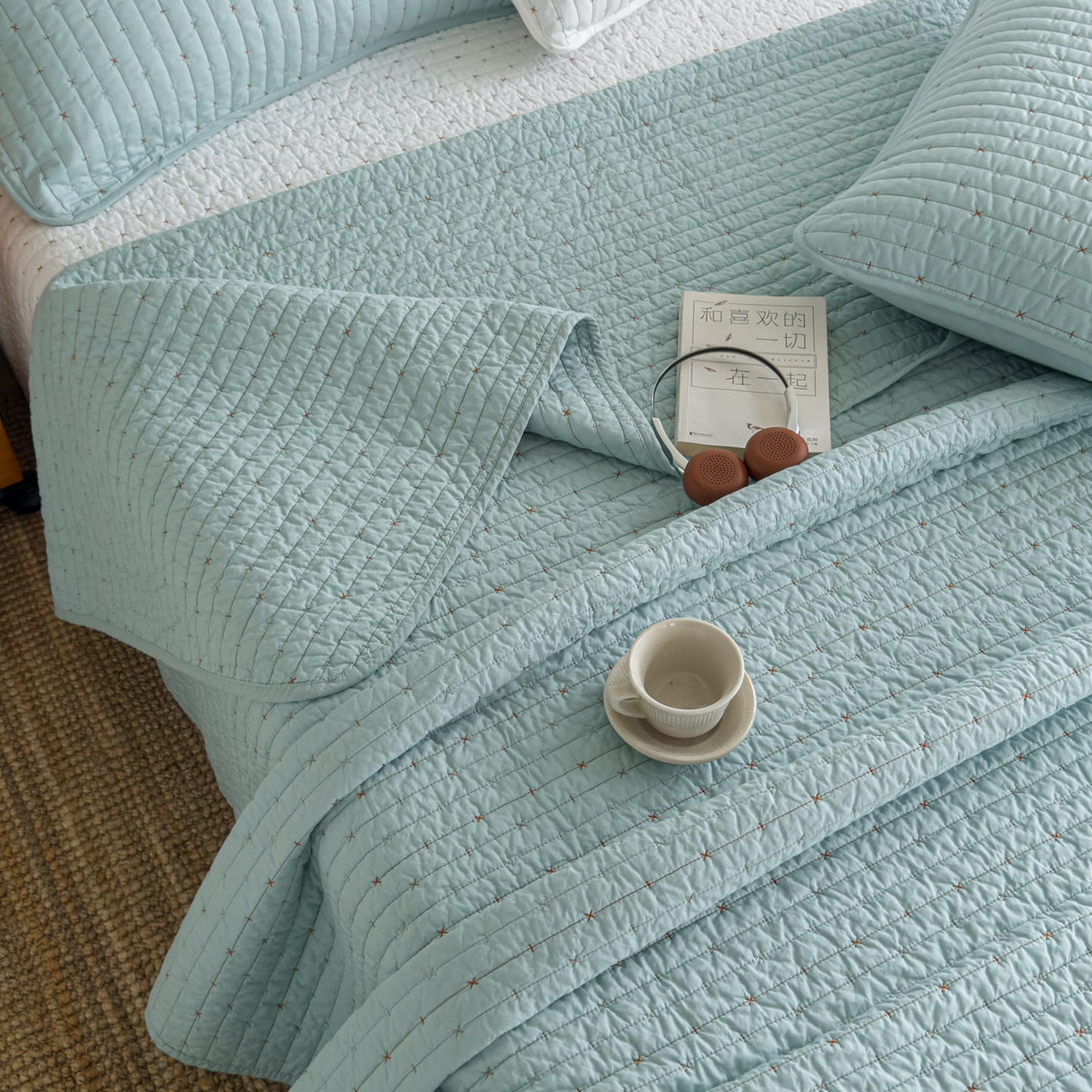 91家纺网 家纺一手货源 找家纺 沐纯家居 2026新款60支全棉纯棉米粒绣纯色床盖三件套 绿色