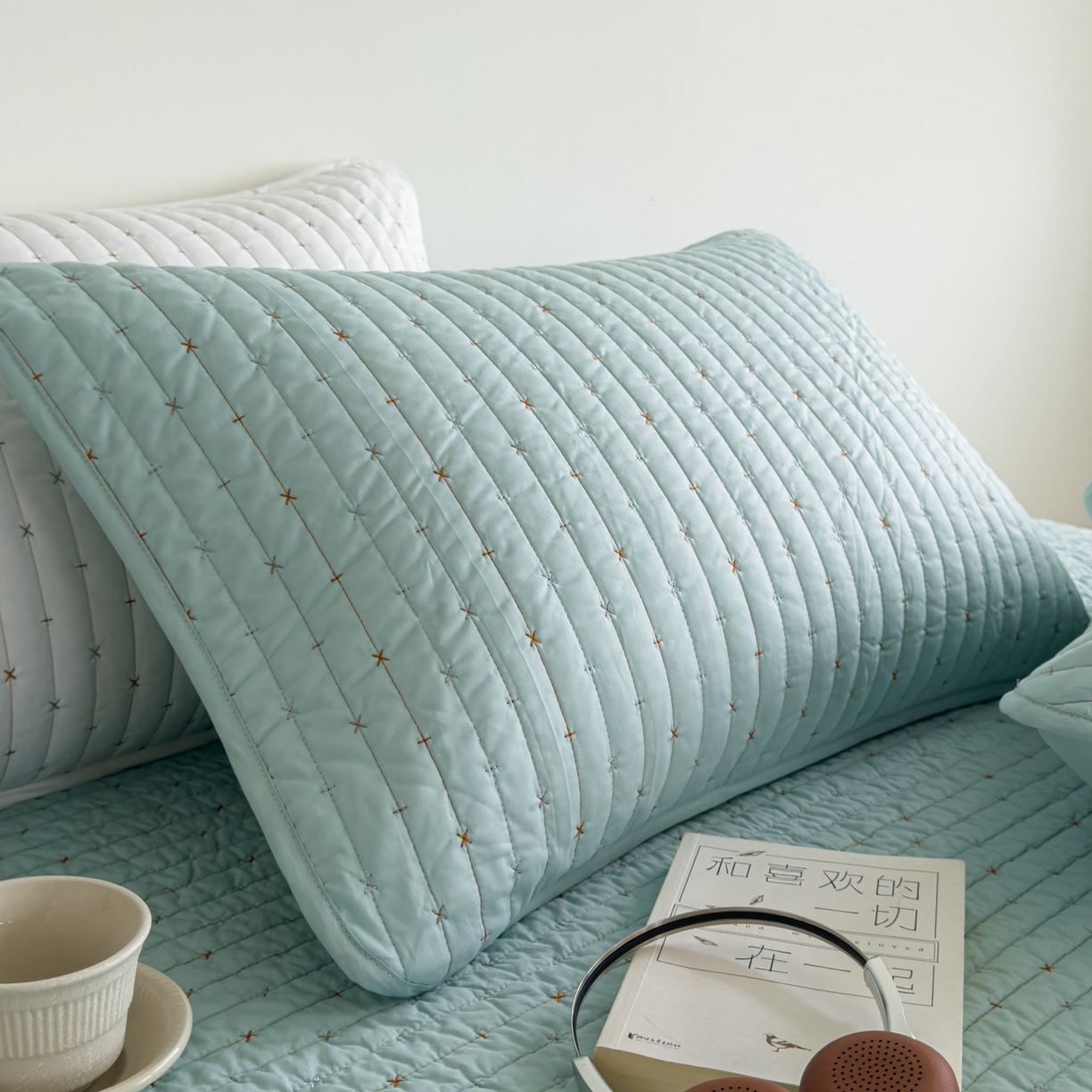 91家纺网 家纺一手货源 找家纺 沐纯家居 2026新款60支全棉纯棉米粒绣纯色床盖三件套 绿色