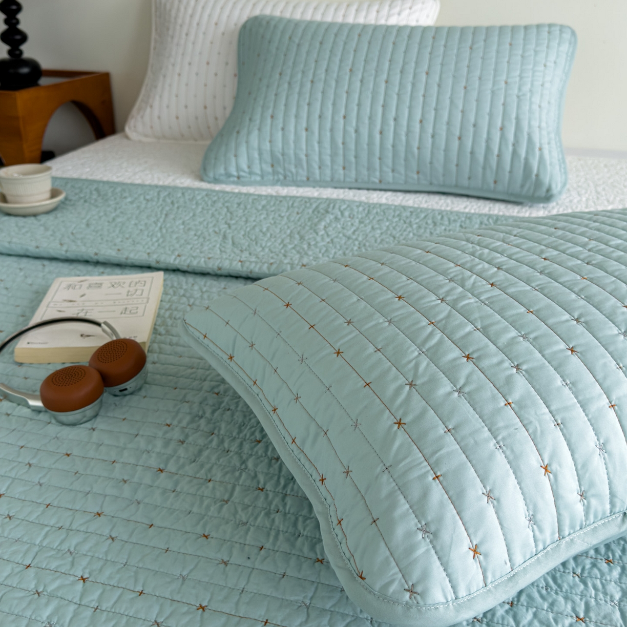 91家纺网 家纺一手货源 找家纺 沐纯家居 2026新款60支全棉纯棉米粒绣纯色床盖三件套 绿色