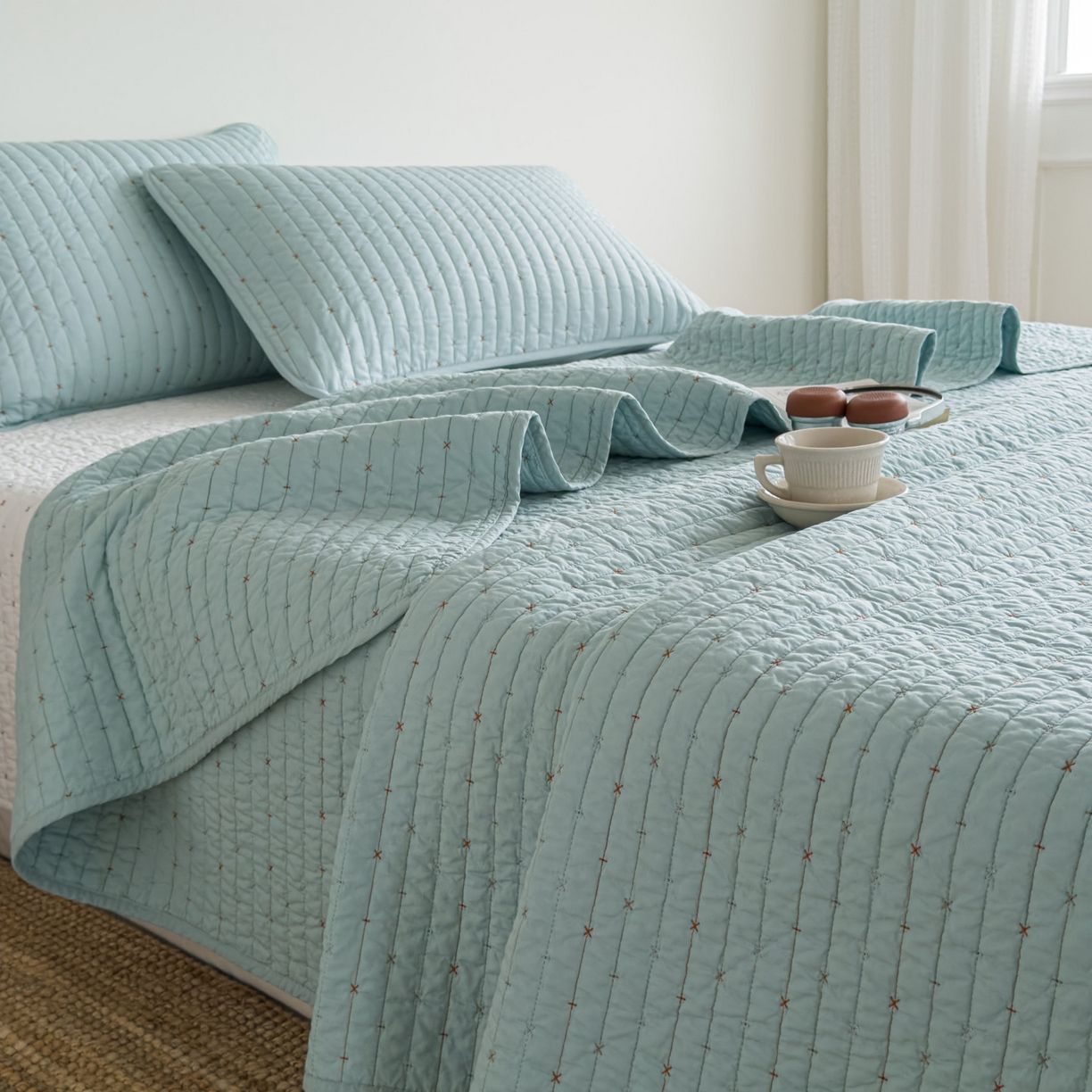 91家纺网 家纺一手货源 找家纺 沐纯家居 2026新款60支全棉纯棉米粒绣纯色床盖三件套 绿色