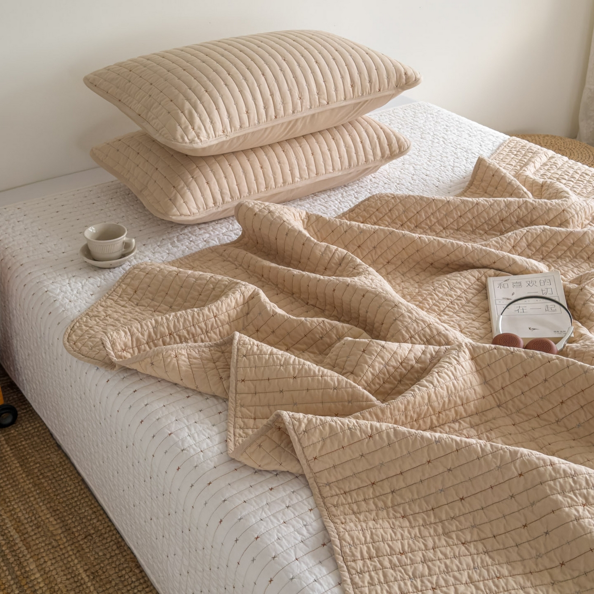 91家纺网 家纺一手货源 找家纺 沐纯家居 2026新款60支全棉纯棉米粒绣纯色床盖三件套 卡其色