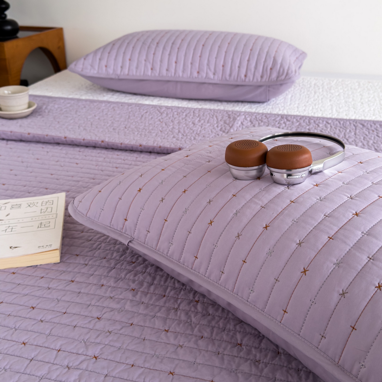 91家纺网 家纺一手货源 找家纺 沐纯家居 2026新款60支全棉纯棉米粒绣纯色床盖三件套 紫色