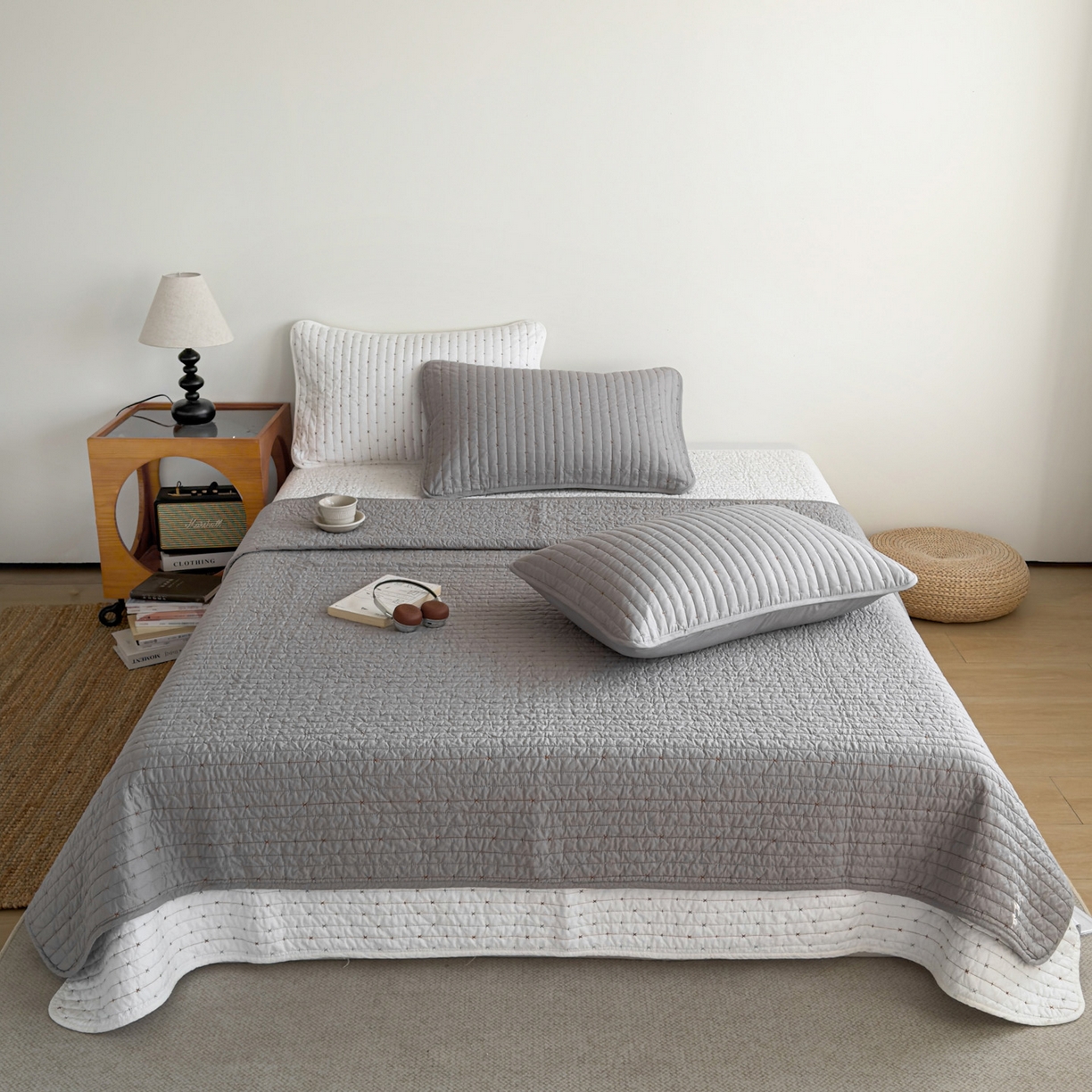 91家纺网 家纺一手货源 找家纺 沐纯家居 2026新款60支全棉纯棉米粒绣纯色床盖三件套 灰色