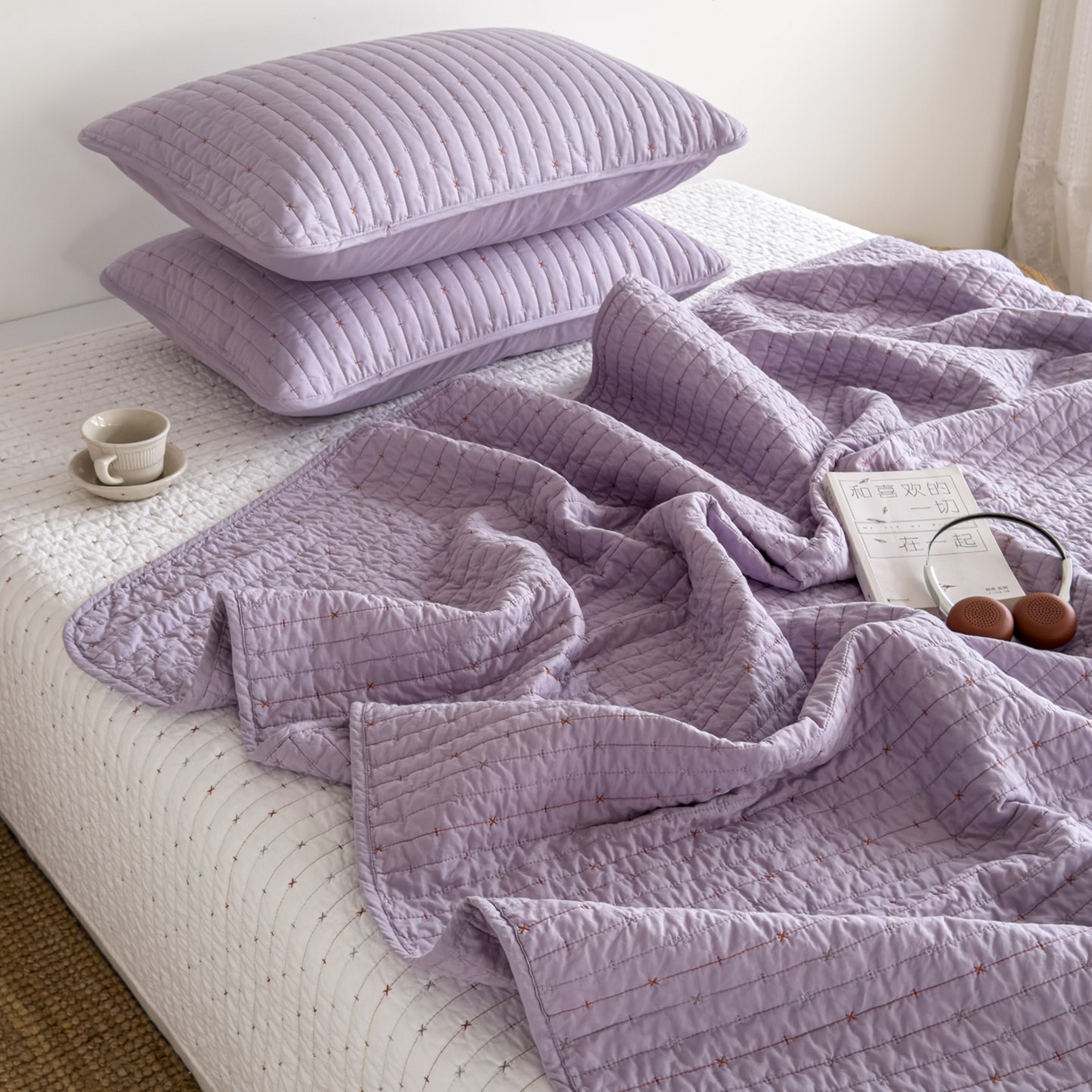 91家纺网 家纺一手货源 找家纺 沐纯家居 2026新款60支全棉纯棉米粒绣纯色床盖三件套 紫色