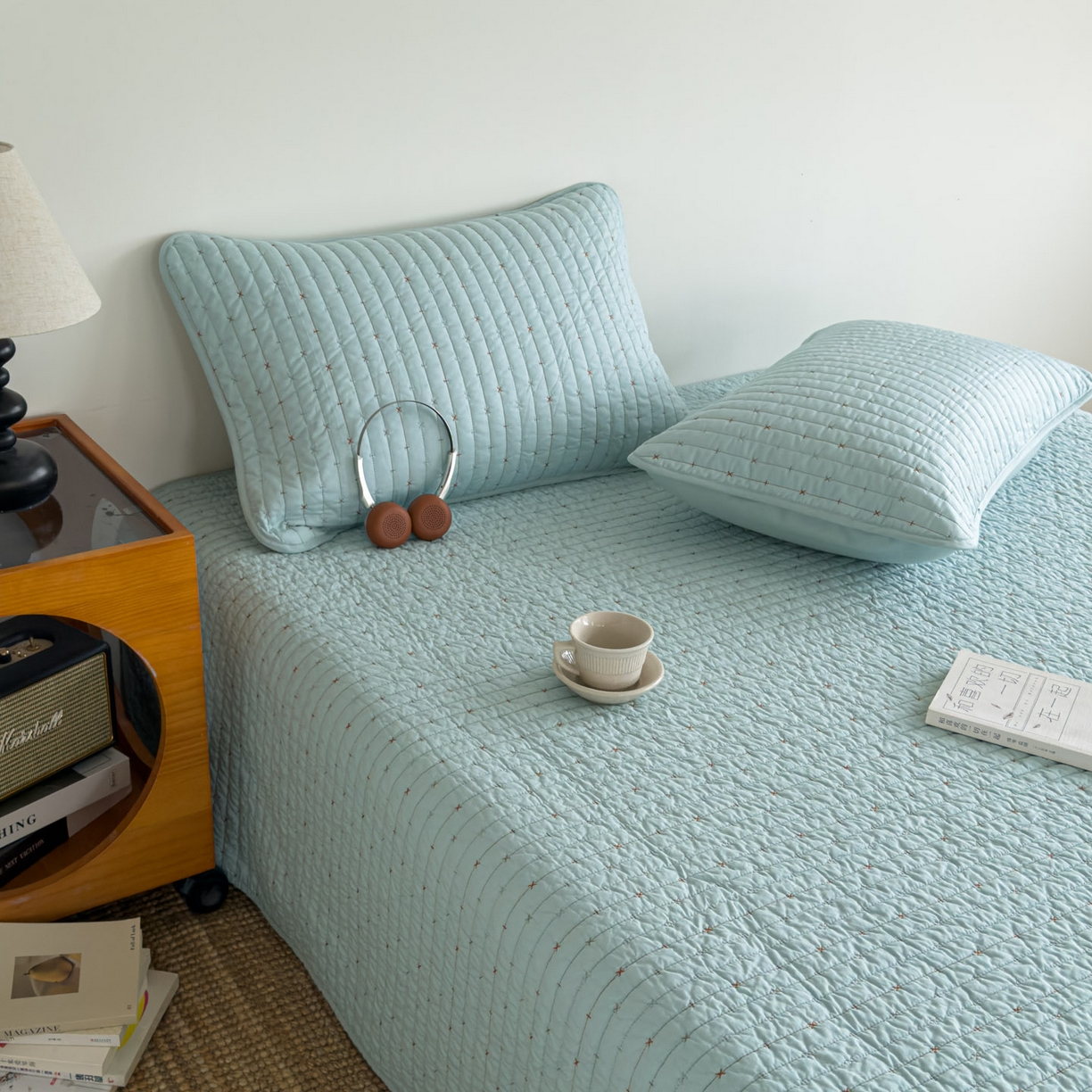 91家纺网 家纺一手货源 找家纺 沐纯家居 2026新款60支全棉纯棉米粒绣纯色床盖三件套 绿色