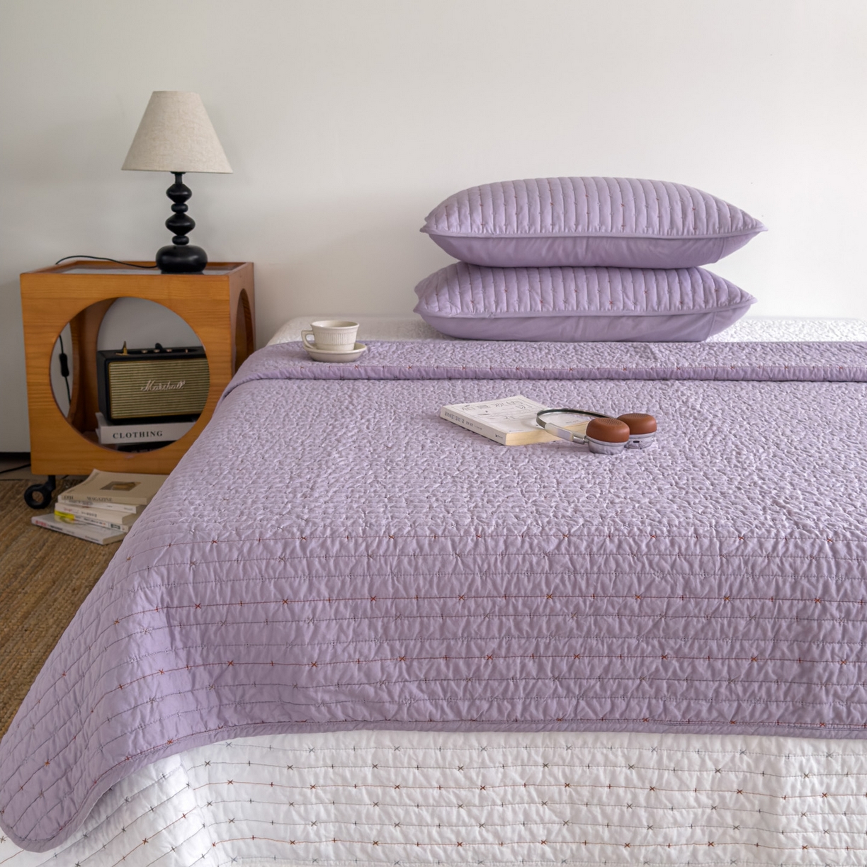 91家纺网 家纺一手货源 找家纺 沐纯家居 2026新款60支全棉纯棉米粒绣纯色床盖三件套 紫色